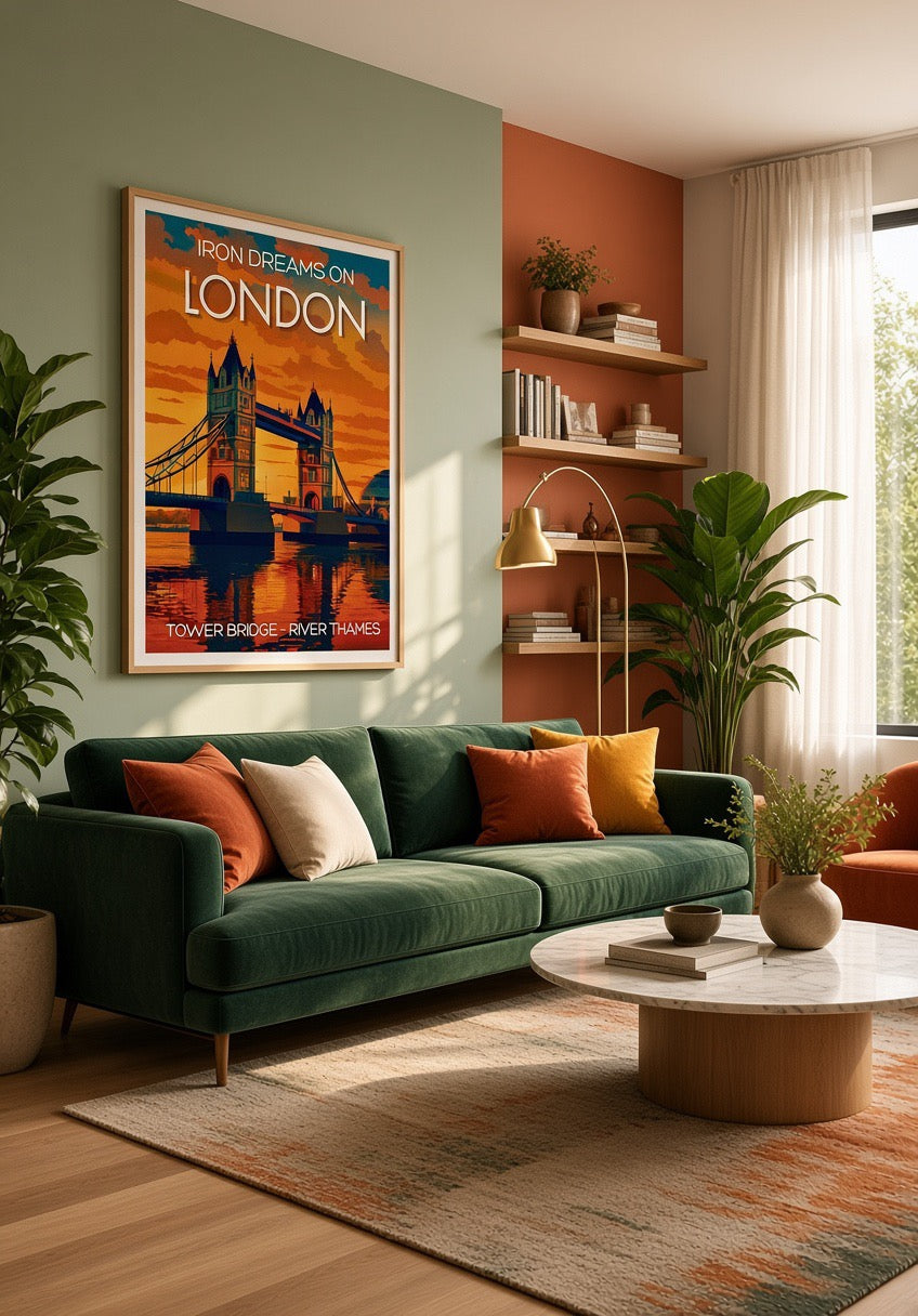 Gros plan sur le cadre et les couleurs de l'affiche Iron Dreams Tower Bridge