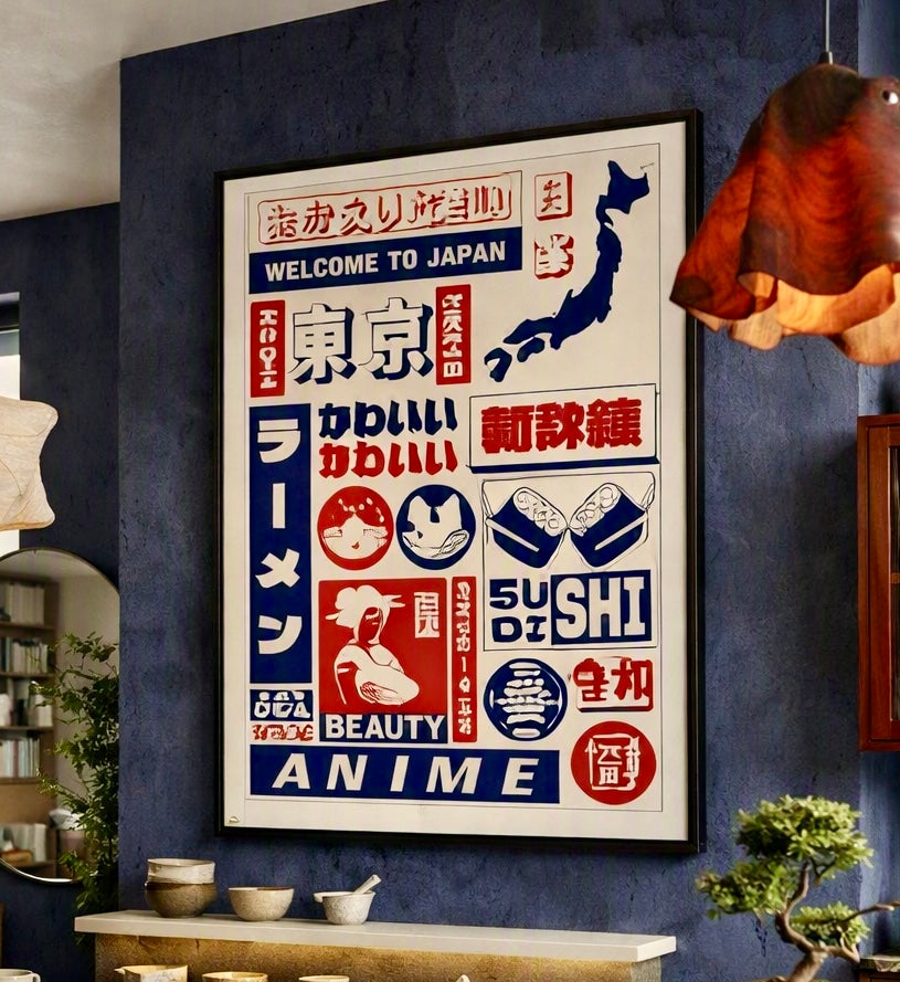 Affiche Welcome to Japan posée à plat, collage graphique Tokyo et symboles japonais