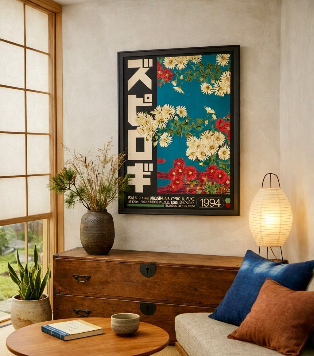Affiche River Flows posée à plat, motif floral japonais