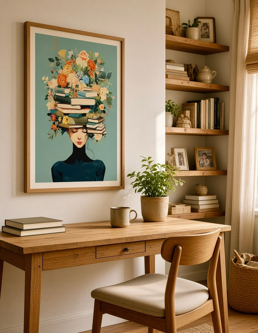 Ambiance déco murale avec l'affiche Femme aux Livres Fleuris