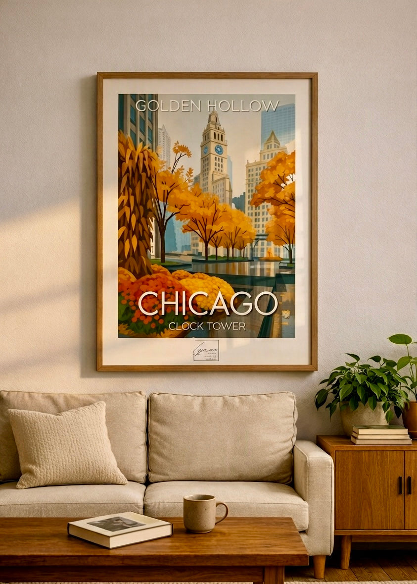 Affiche Golden Hollow Chicago encadrée, présentée en situation dans un intérieur