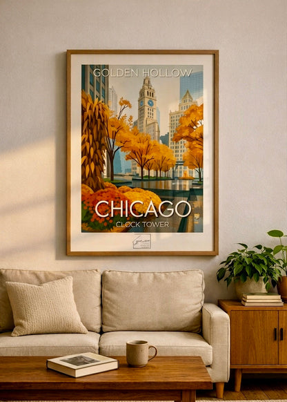 Affiche Golden Hollow Chicago encadrée, présentée en situation dans un intérieur