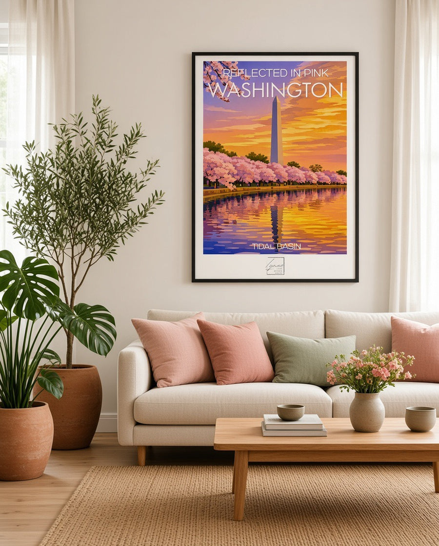 Affiche Washington Tidal Basin encadrée, présentée en situation dans un intérieur