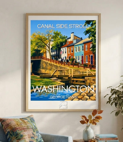 Affiche Washington Canal Georgetown, gros plan sur les couleurs et détails d'impression