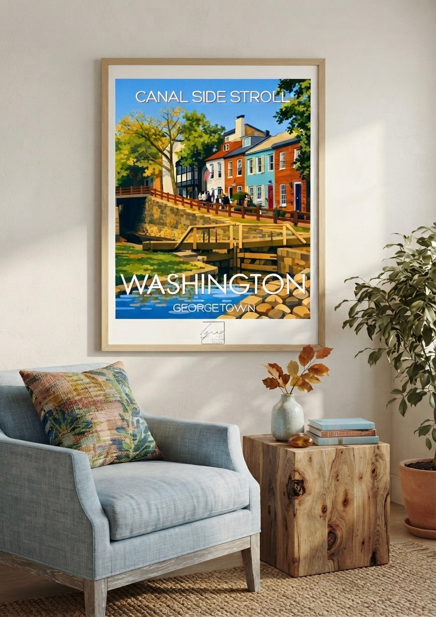 Affiche Washington Canal Georgetown encadrée, présentée en situation dans un intérieur