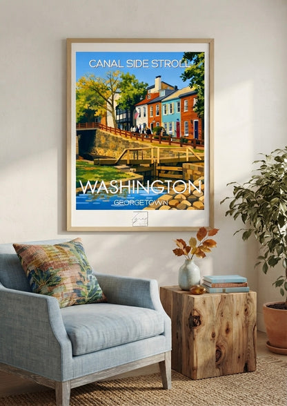 Affiche Washington Canal Georgetown encadrée, présentée en situation dans un intérieur