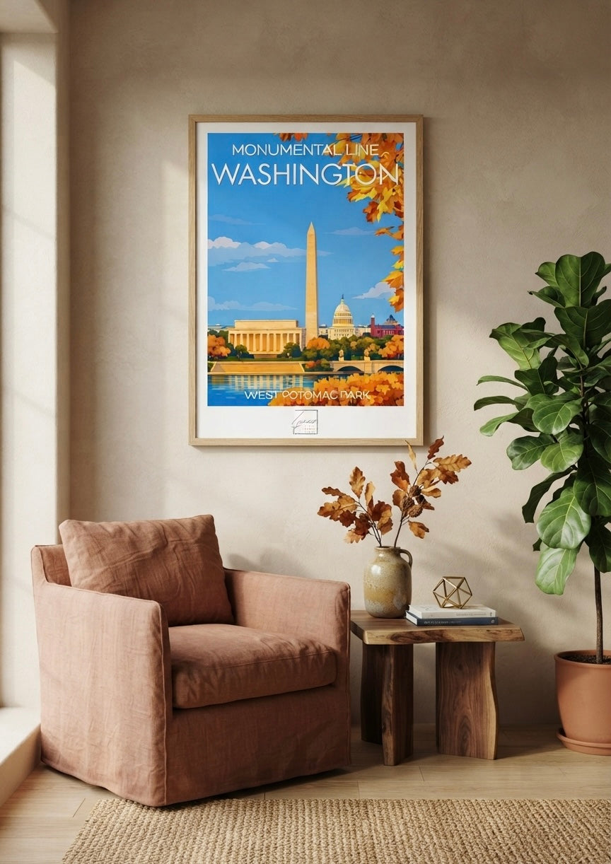 Affiche Washington West Potomac Park encadrée, présentée en situation dans un intérieur