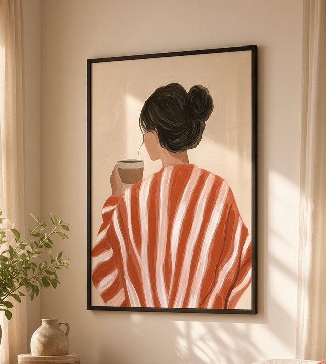 Affiche Pause Cafe du Matin presentee sans cadre sur un mur clair