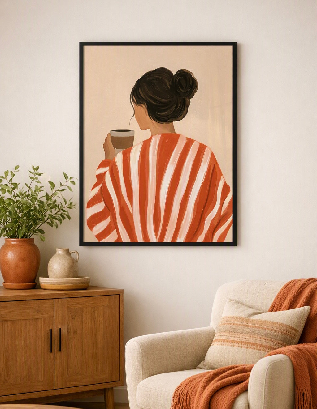 Affiche Pause Cafe du Matin encadree presentee en situation dans un interieur
