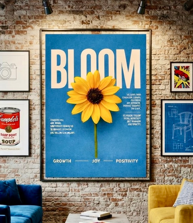 Gros plan sur l'affiche Bloom Tournesol, détail de la typographie et du tournesol