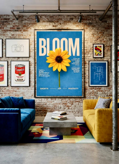Affiche Bloom Tournesol encadrée, présentée en situation dans un intérieur