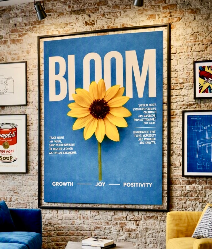Ambiance déco murale avec l'affiche Bloom Tournesol accrochée