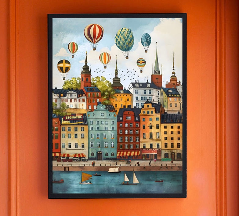 Affiche Stockholm - gros plan sur les façades colorées et les montgolfières