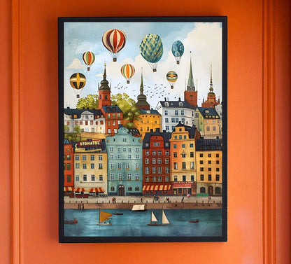 Affiche Stockholm - gros plan sur les façades colorées et les montgolfières