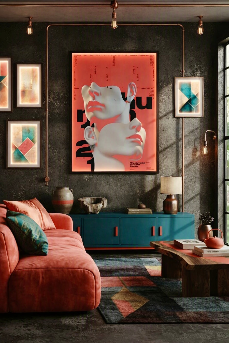 Affiche Post-Human Rouge encadrée en situation dans un intérieur