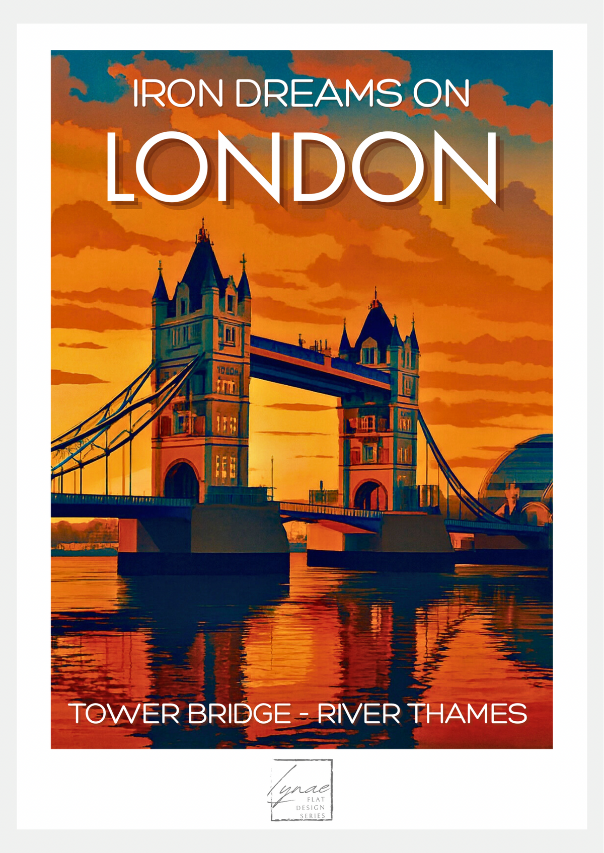 Affiche flat design Iron Dreams, silhouette de Tower Bridge au coucher du soleil sur la Tamise à Londres