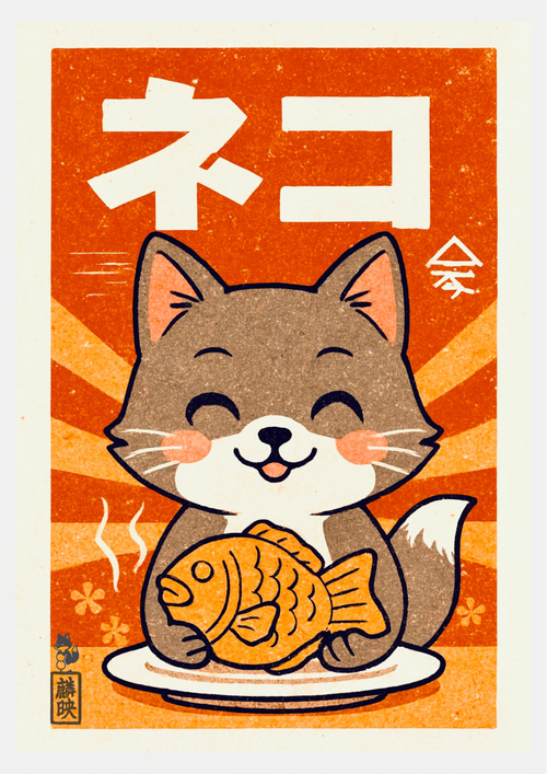 Chat Kawaii et Poisson – Affiche Illustration Enfant