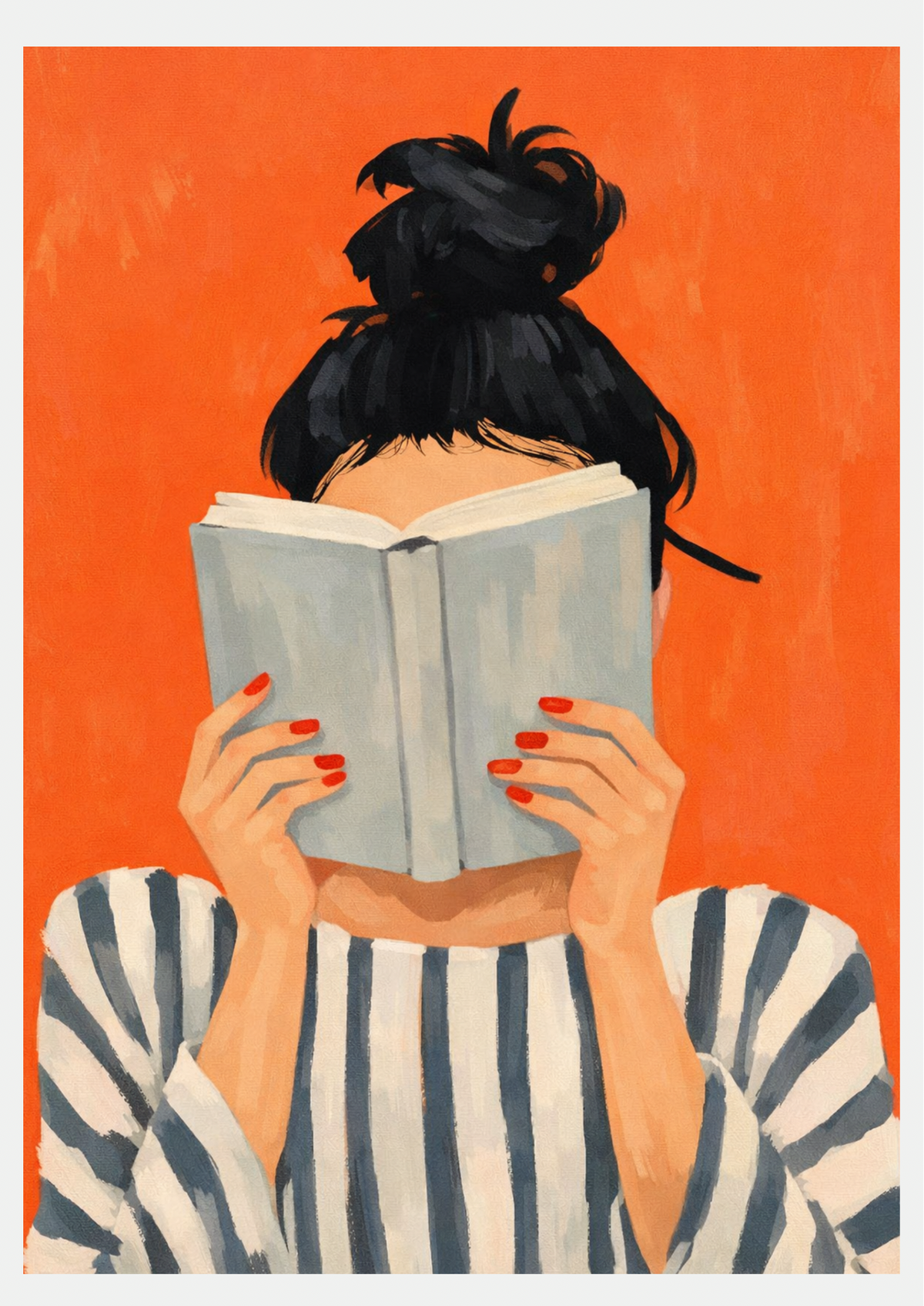 Affiche femme lisant un livre, chignon et pull rayé, fond orange vif