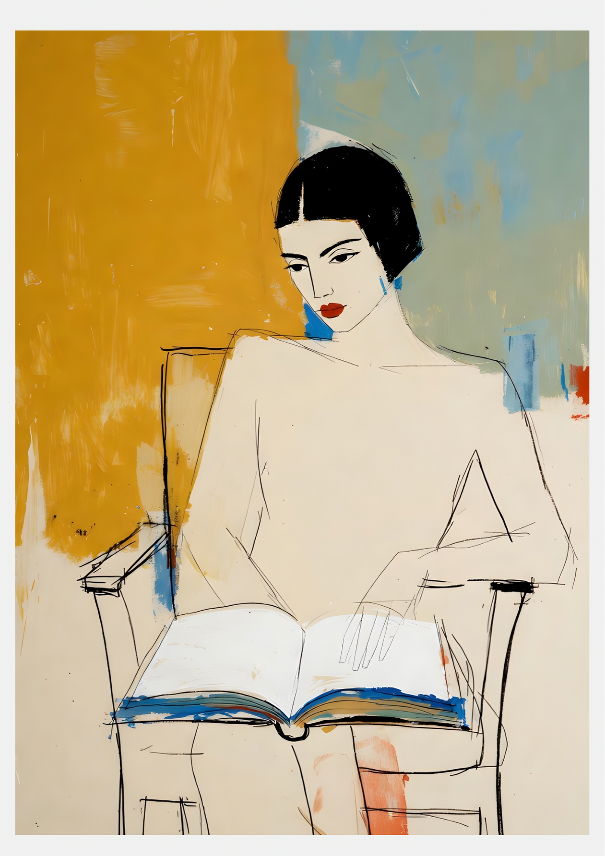 Affiche femme lisant, style croquis et aplats jaune moutarde et bleu