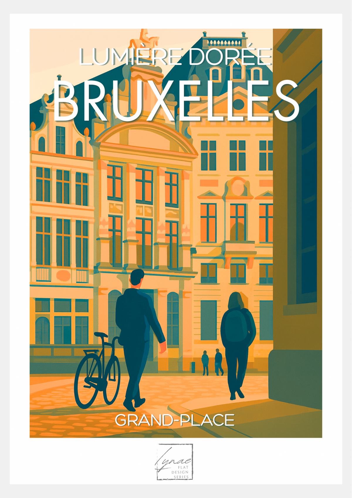 Affiche flat design scène de rue dorée sur la Grand-Place de Bruxelles, passants et vélo au coucher du soleil