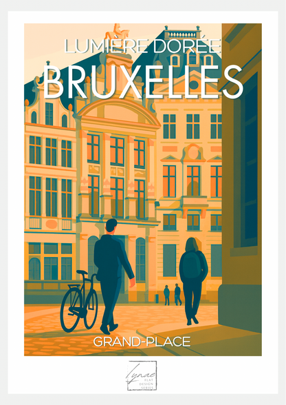 Affiche flat design scène de rue dorée sur la Grand-Place de Bruxelles, passants et vélo au coucher du soleil