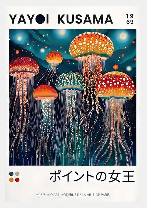 Affiche Yayoi Kusama – Méduses Lumineuses Fond Bleu Nuit