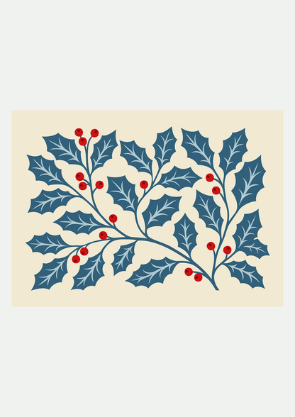 Branches de Houx Bleu et Baies Rouges – Affiche Noël