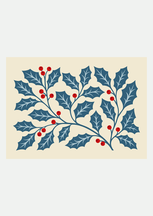 Branches de Houx Bleu et Baies Rouges – Affiche Noël