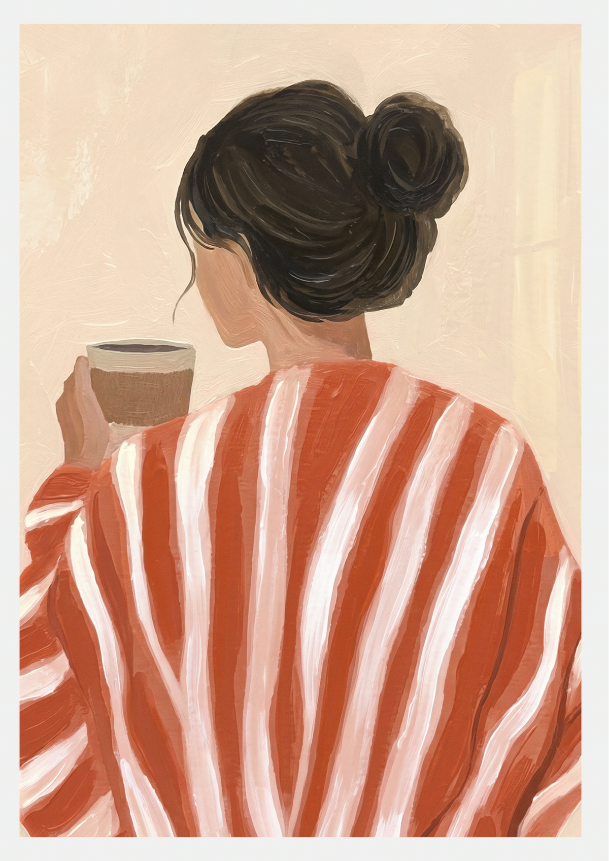 Affiche Pause Cafe du Matin - femme de dos en peignoir raye terracotta et blanc savourant son cafe, illustration peinte a la gouache