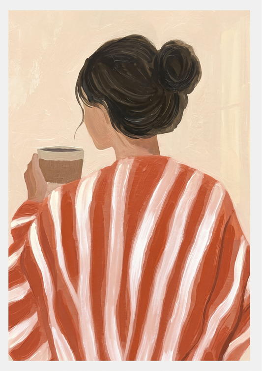 Affiche Pause Cafe du Matin - femme de dos en peignoir raye terracotta et blanc savourant son cafe, illustration peinte a la gouache