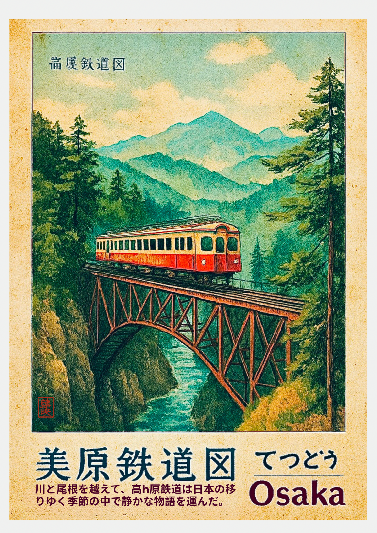 Affiche Mihara Railway Osaka, train traversant un pont ferroviaire en montagne