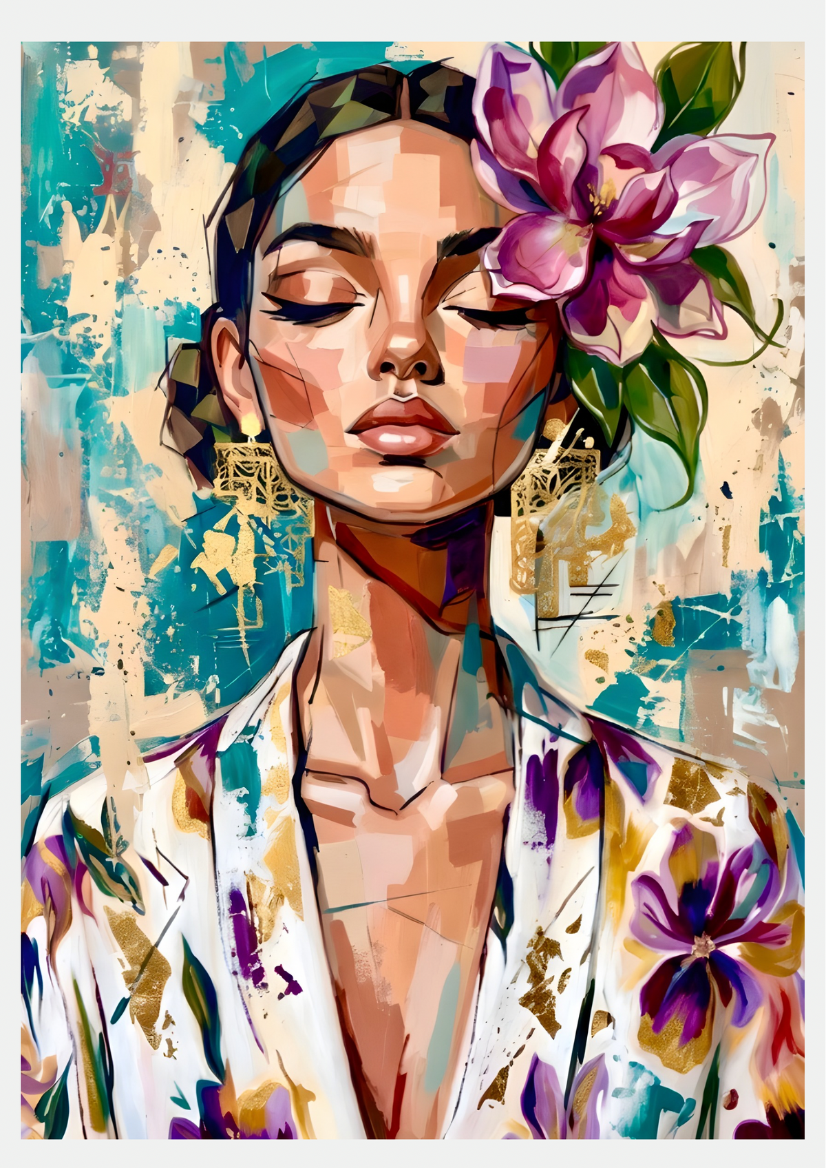 Affiche portrait fleuri, poster femme peinte aux yeux clos et fleur rose