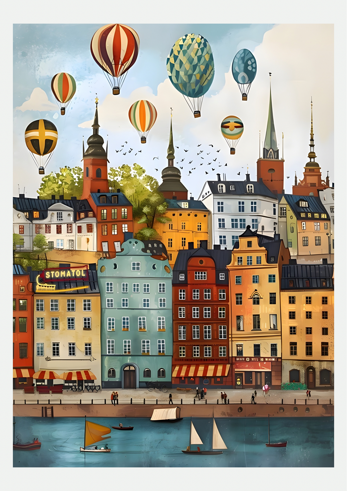 Affiche Stockholm ville illustrée et montgolfières - visuel du poster