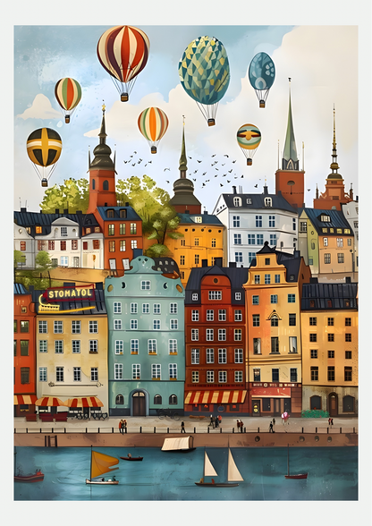 Affiche Stockholm ville illustrée et montgolfières - visuel du poster