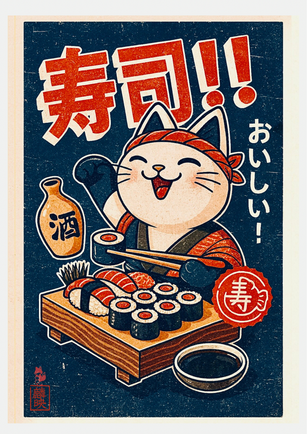 Affiche chat sushi vintage japonais, chef cuisinier souriant avec plateau de sushi