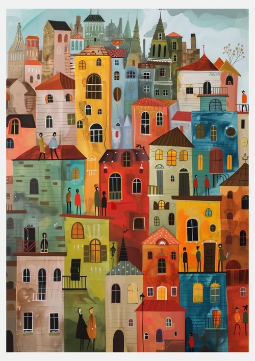 Affiche Village Coloré Illustration Folk Art – Poster Ville Enchantée Maisons Colorées – Décoration Murale Contemporaine
