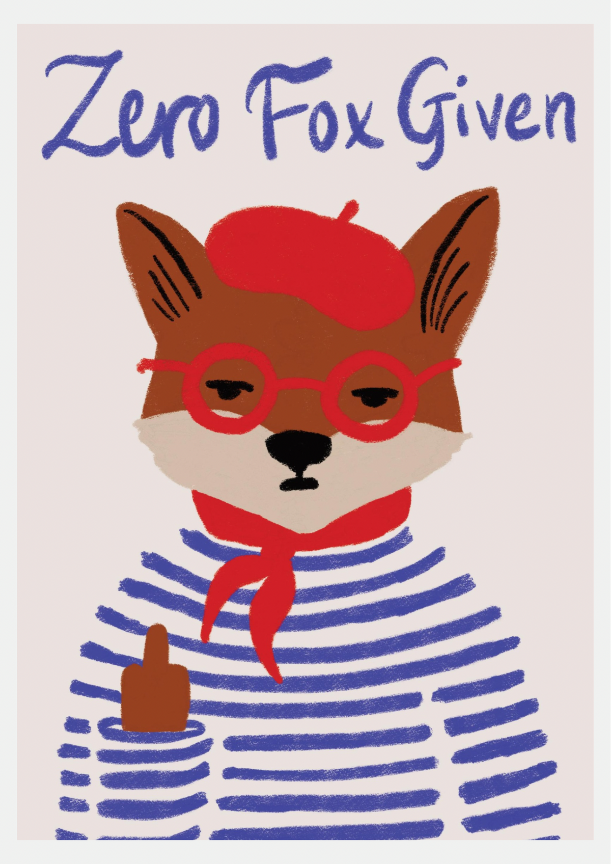Affiche renard illustré, béret rouge et pull rayé bleu marine