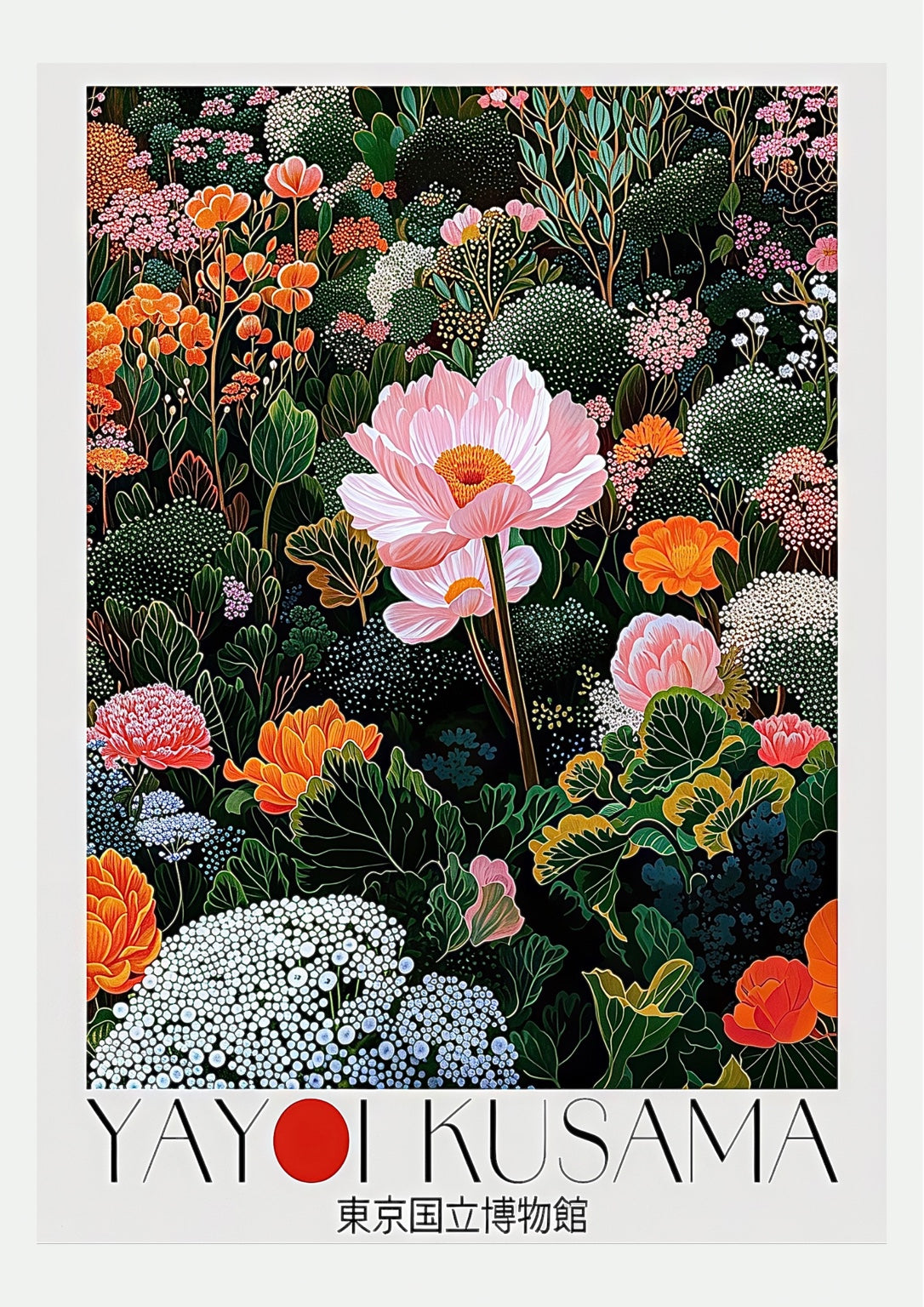 Affiche florale japonaise inspirée de l'univers de Yayoi Kusama, fleurs roses orange blanches et feuillage sur fond noir