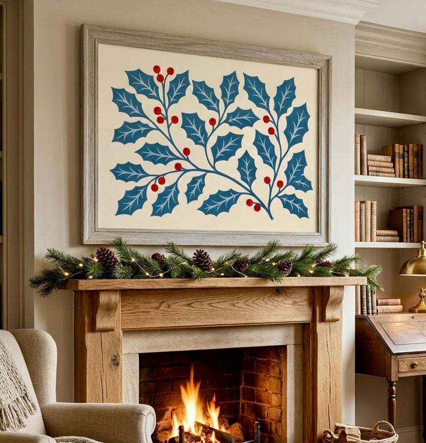 Branches de Houx Bleu et Baies Rouges – Affiche Noël