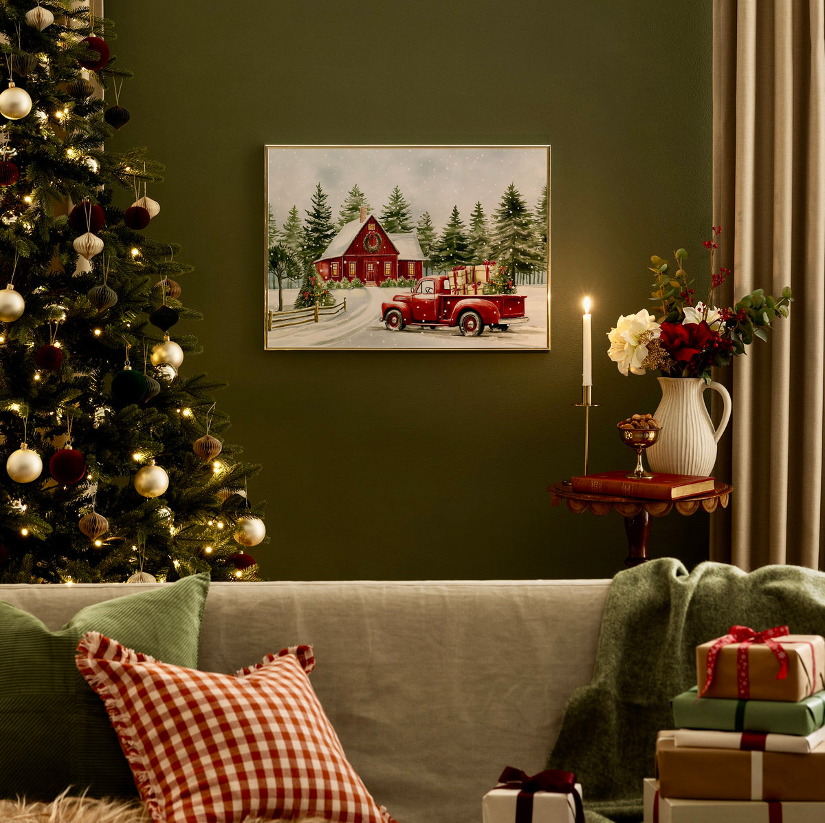 Maison Rouge et Camion de Noël – Affiche Aquarelle