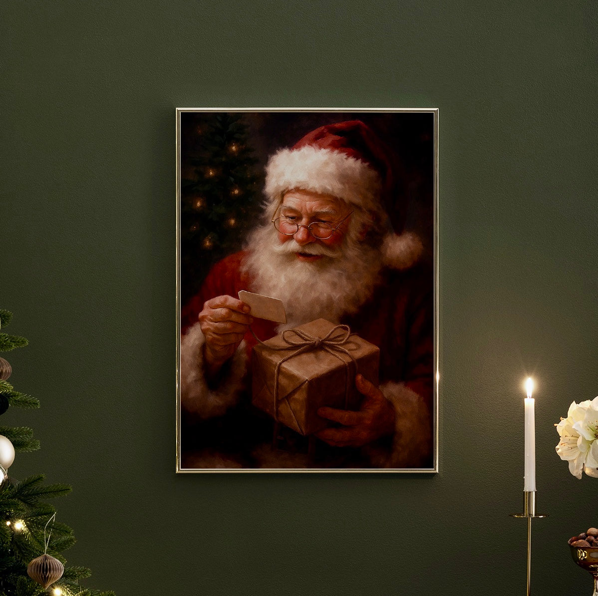 Père Noël et Cadeau Kraft – Affiche Peinture de Noël