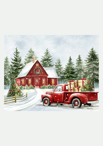 Maison Rouge et Camion de Noël – Affiche Aquarelle