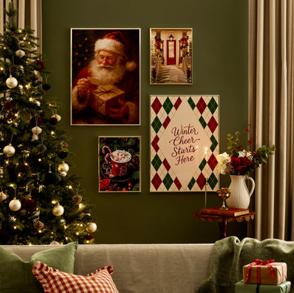 Père Noël et Cadeau Kraft – Affiche Peinture de Noël