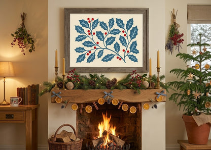 Branches de Houx Bleu et Baies Rouges – Affiche Noël