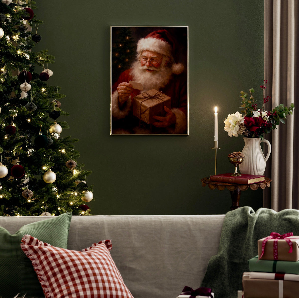 Père Noël et Cadeau Kraft – Affiche Peinture de Noël