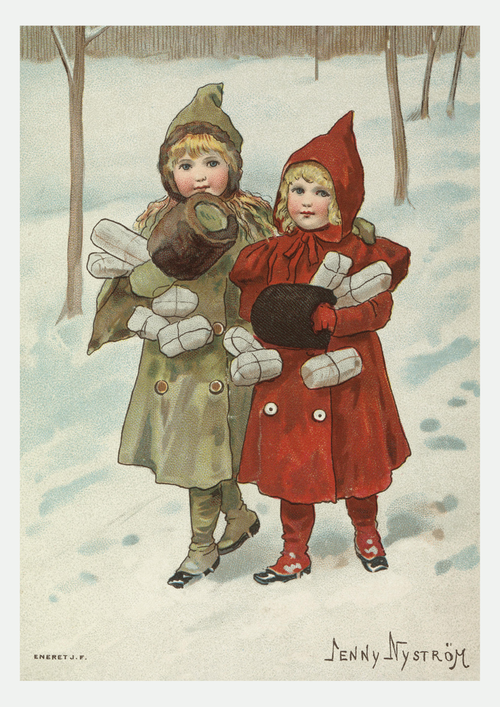Jenny Nyström – Enfants dans la Neige, Carte Vintage