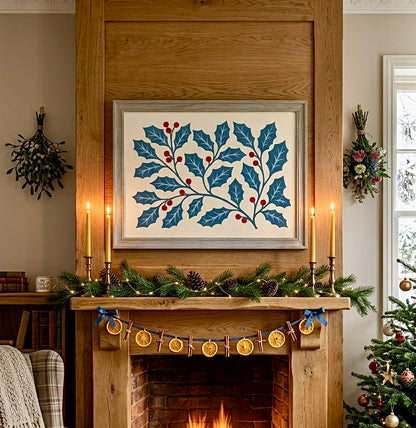 Branches de Houx Bleu et Baies Rouges – Affiche Noël