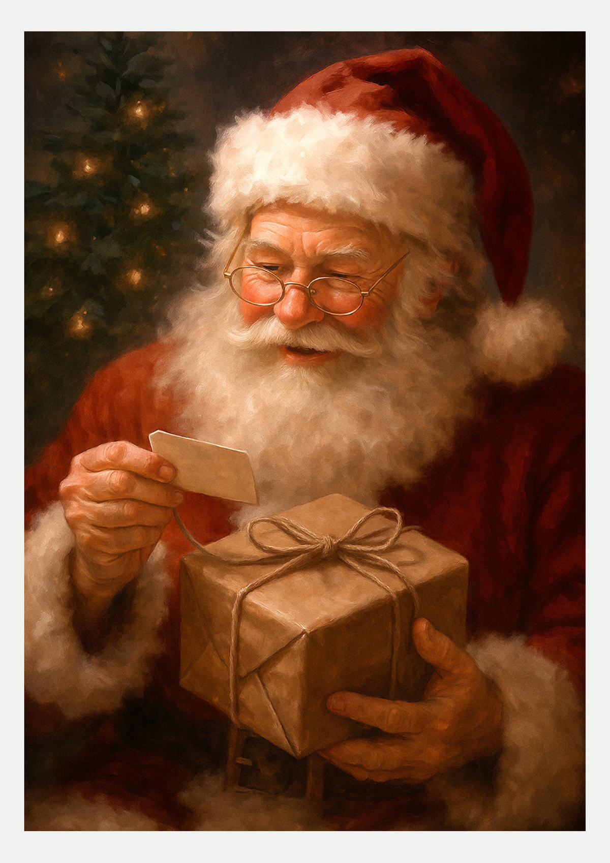 Père Noël et Cadeau Kraft – Affiche Peinture de Noël
