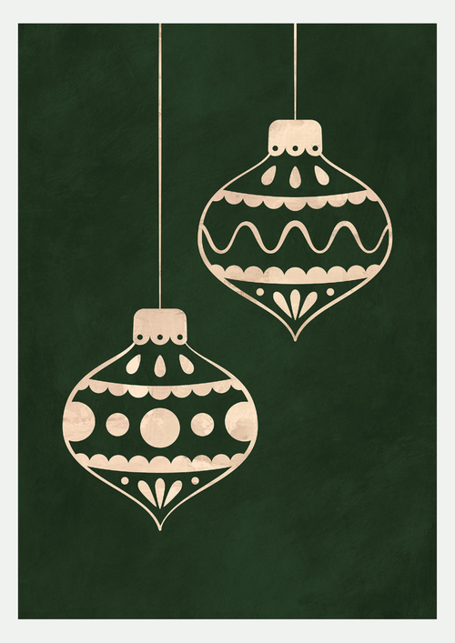 Boules de Noël Dorées sur Fond Vert – Affiche Minimaliste